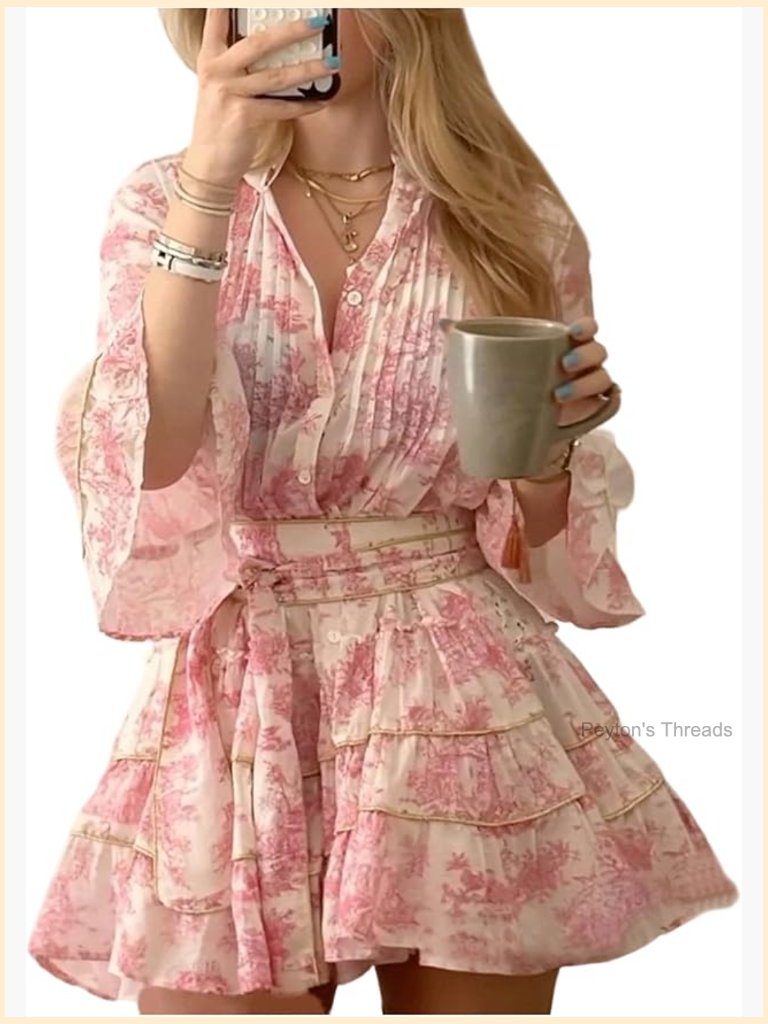 Women's Floral Ruffle Mini Dress V Neck 3/4 Sleeve Flowy Boho Vacation Dresses